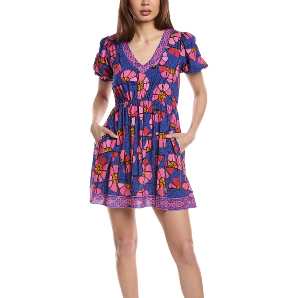 Garrie B Mini Dress Blue and Pink Floral Print  Short Sleeve Dress Size Medium